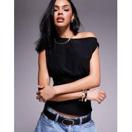 Fashionkilla Mouwloze top van gladde stof met asymmetrische gerimpelde hals in zwart