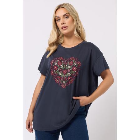 Yours Curve Marineblauw Tshirt Met Geborduurd Bloemenhart Size 42