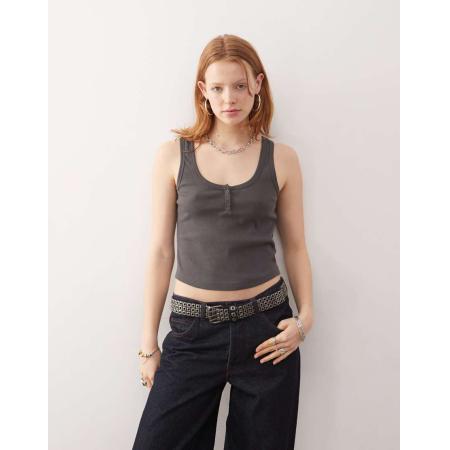 COLLUSION Geribbelde cami met knopen in gemêleerd grijs