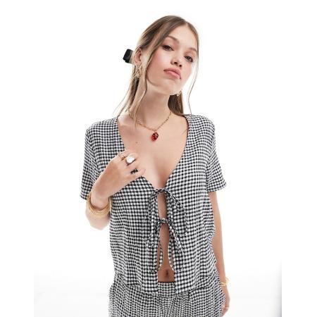 JDY Top met gingham ruit en gestrikte voorkant, deel van co-ord set-Zwart