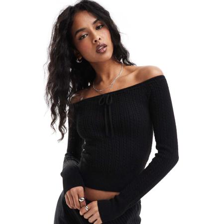 Hollister Kabelgebreide top met blote schouders en striksluiting in zwart