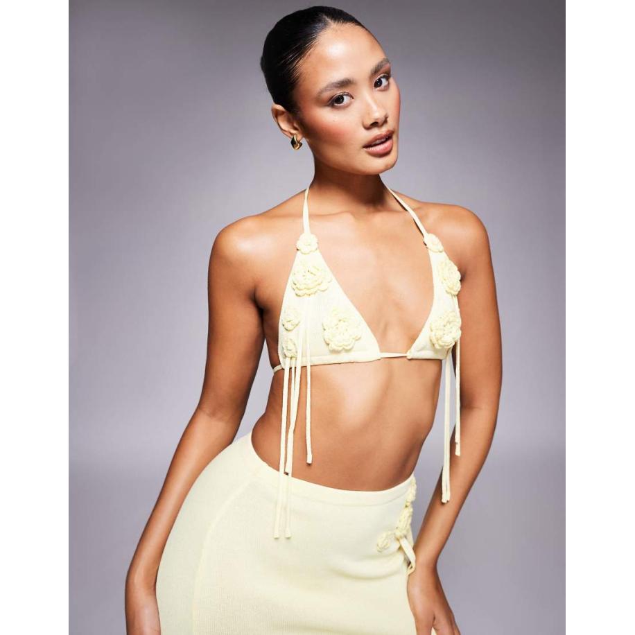 Wander Doll Peony Gebreide bralette met corsage en franjes in geel, deel van co-ord set Geel