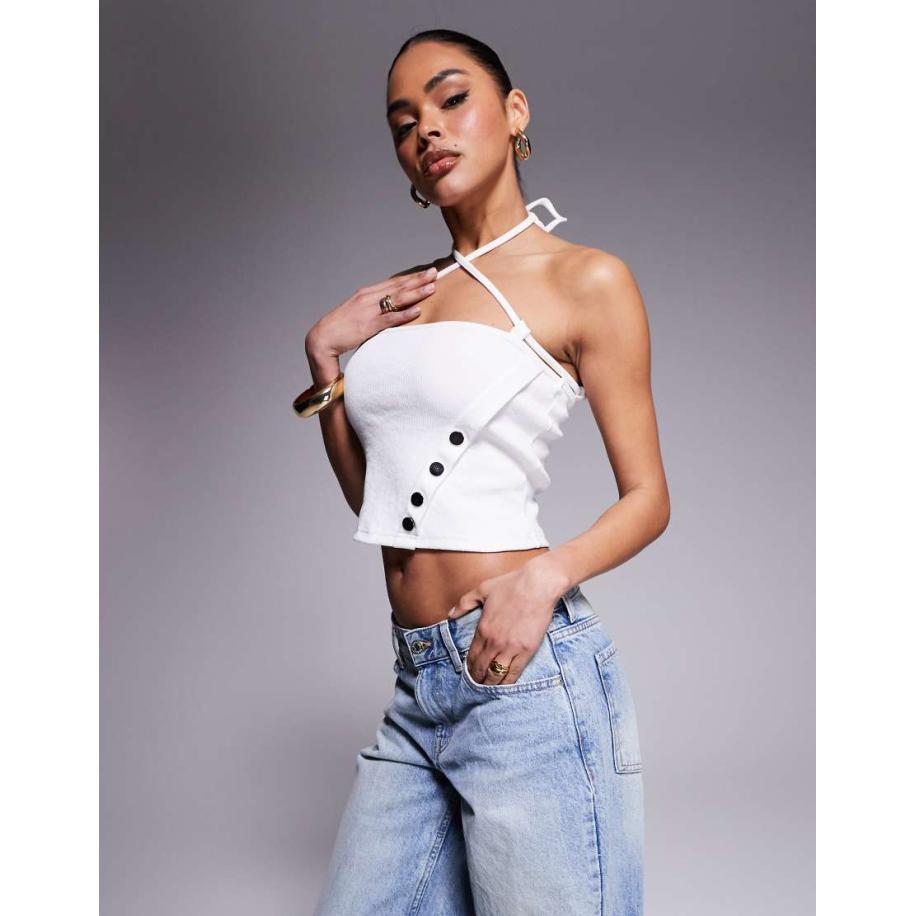 Liquor N Poker Geribbelde top met halternek en studs in wit Wit