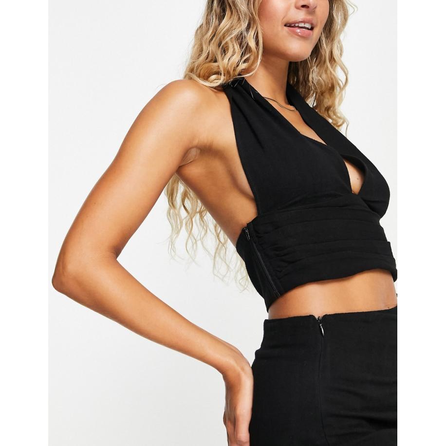 4th & Reckless Lotus Linnen haltertop in zwart, deel van co-ord set Zwart