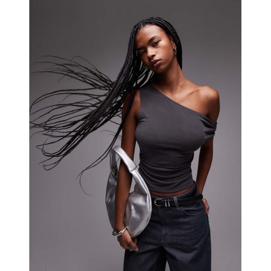 Topshop Top van gladde stof met gerimpelde zijkant in antracietgrijs Grijs