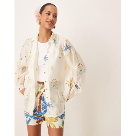 Never Fully Dressed Ruimvallend overhemd met palmprint in crème, deel van co-ord set-Wit