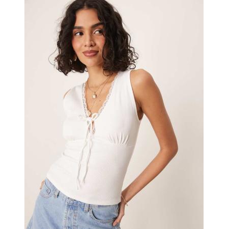 Gina Tricot Geribbelde tanktop met strik aan de voorkant in gebroken wit