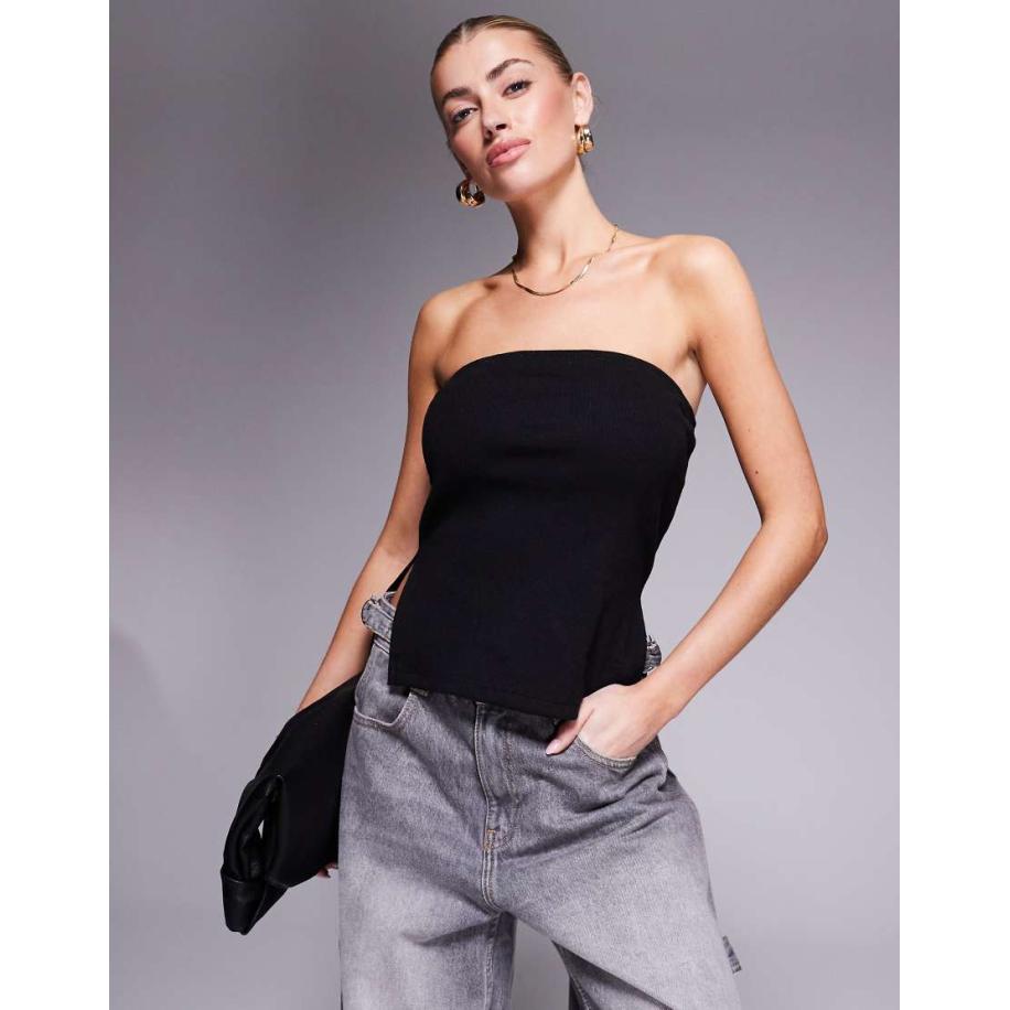 Kaiia Geribbelde bandeau-top met zijsplit in zwart Zwart