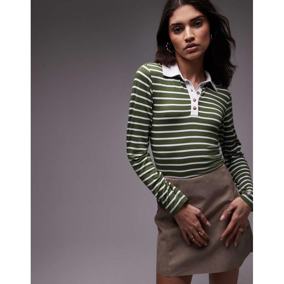 Topshop Cropped rugbytop van jersey met lange mouwen in olijfkleurige streep-Groen Groen