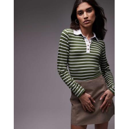Topshop Cropped rugbytop van jersey met lange mouwen in olijfkleurige streep-Groen