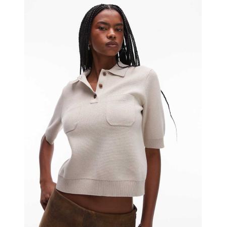 ARKET Gebreide top met knopen en polokraag in beige-Neutraal