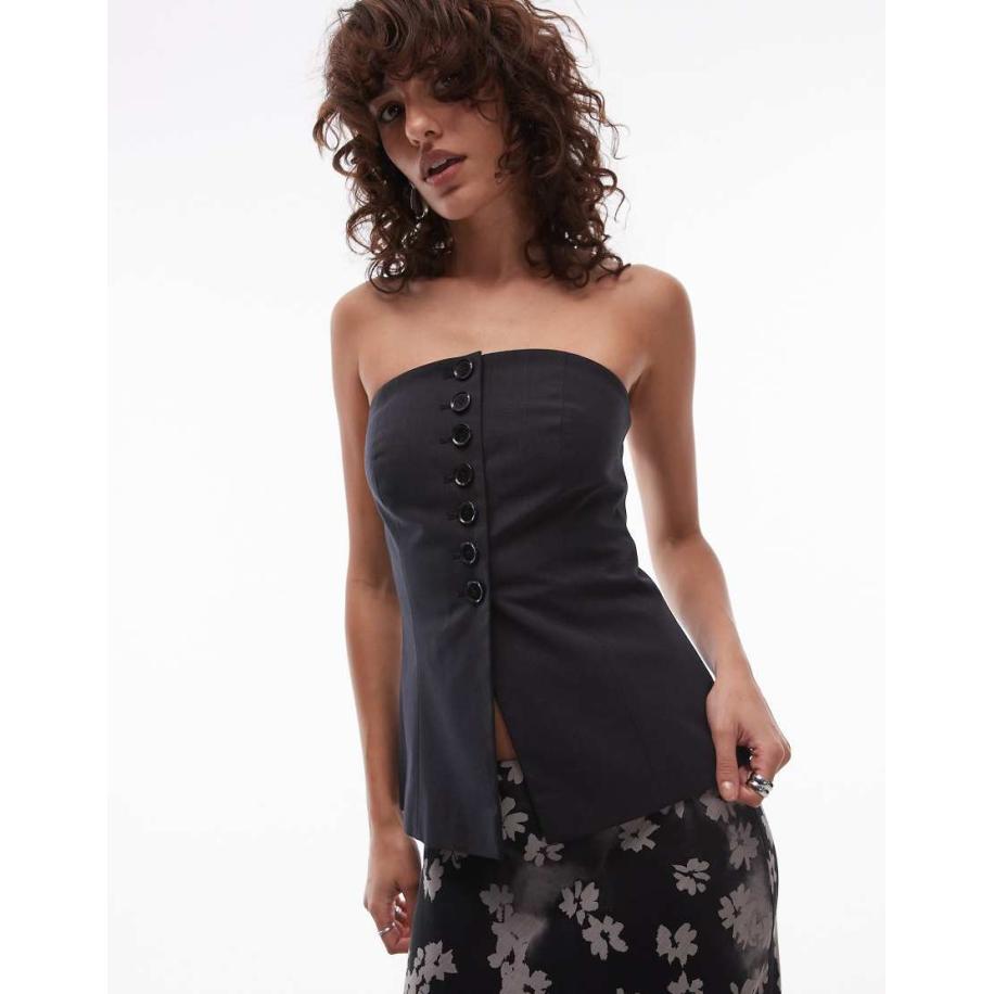 Topshop Bandeau-top met knoopsluiting in antraciet, deel van co-ord set-Grijs Grijs