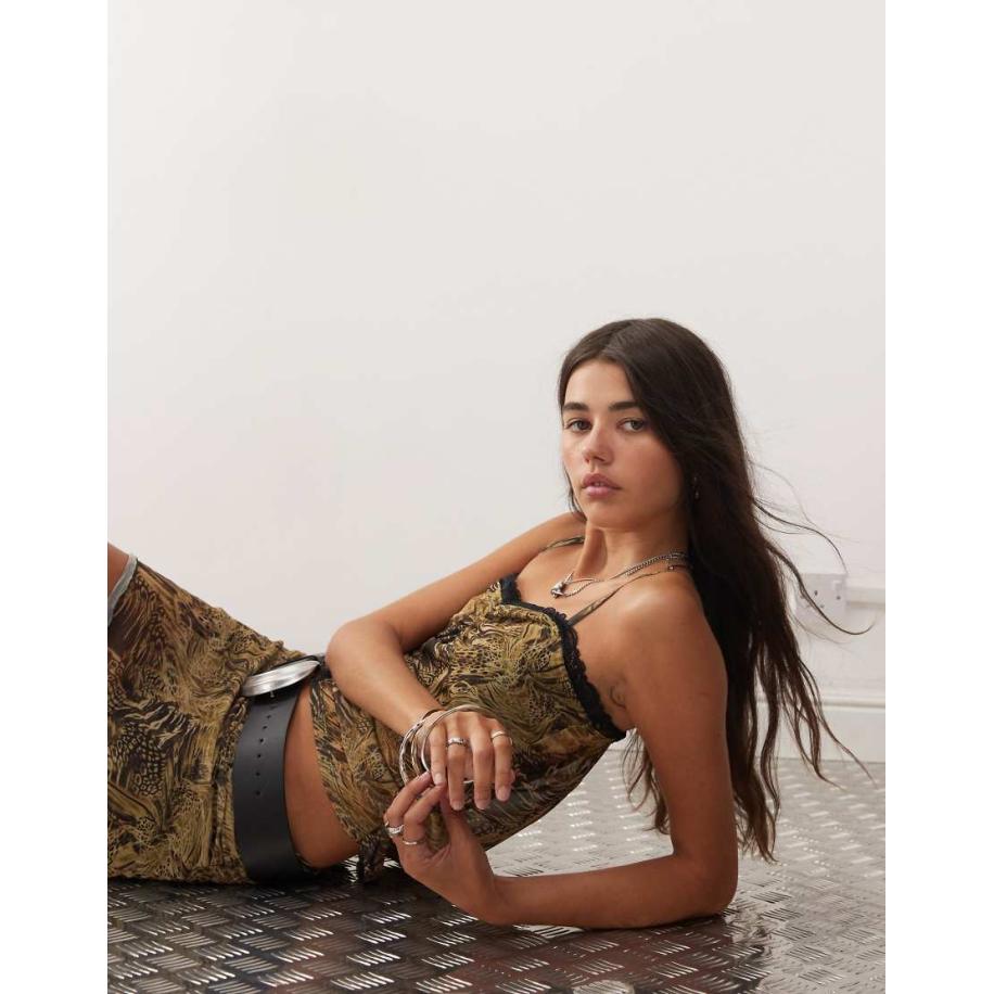 COLLUSION Cami van mesh met bandjes en kanten randje in luipaardprint, deel van co-ord set-Veelkleurig Multicolor