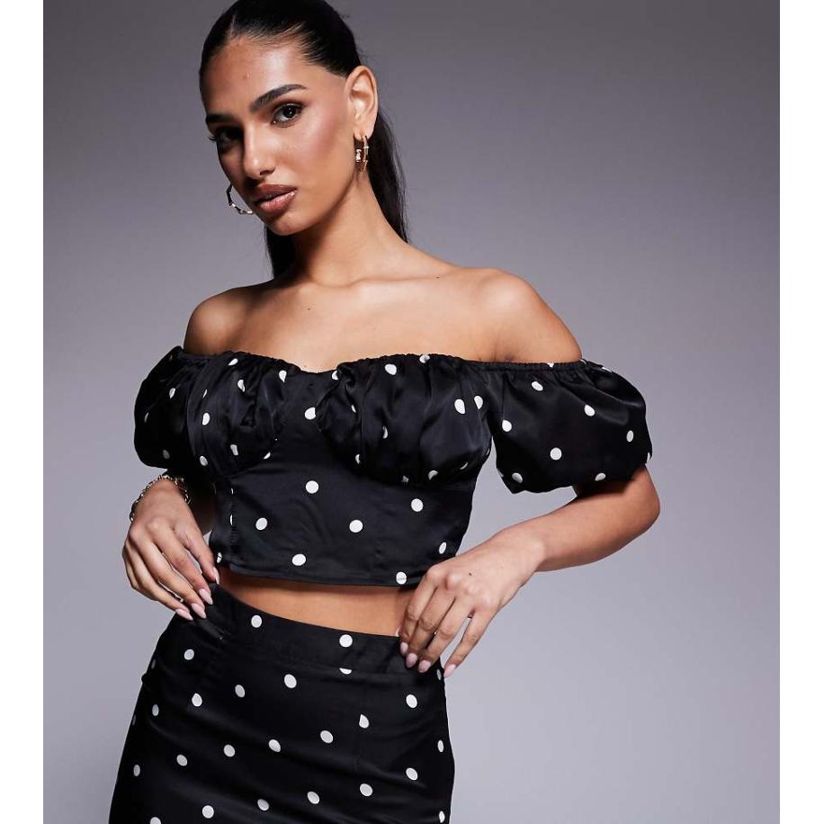 Kaiia Exclusives Bardot top van satijn in zwart met polkadots, deel van co-ord set-Veelkleurig Multicolor