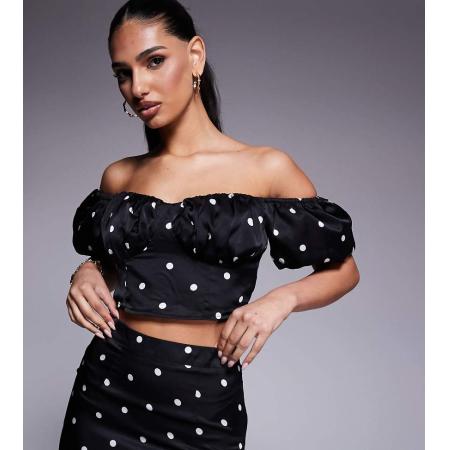 Kaiia Exclusives Crop bardottop van satijn met pofmouwen in zwart met stippen, deel van co-ord set-Veelkleurig