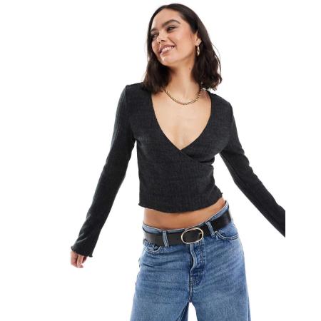 Cotton On Superzachte geribbelde top met overslag en lange mouwen in gemêleerd grijs