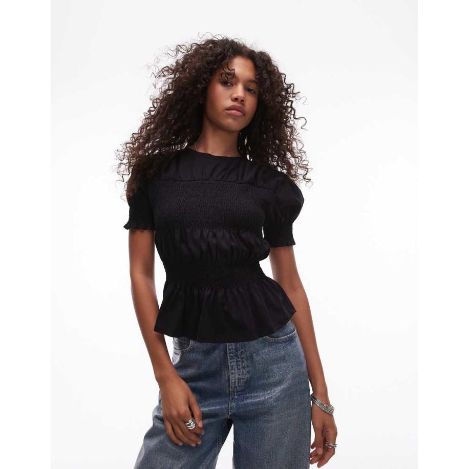 Topshop T-shirt met gesmokt paneel in zwart Zwart