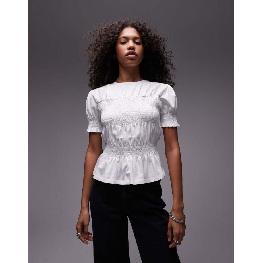 Topshop T-shirt met gesmokt paneel in wit Wit