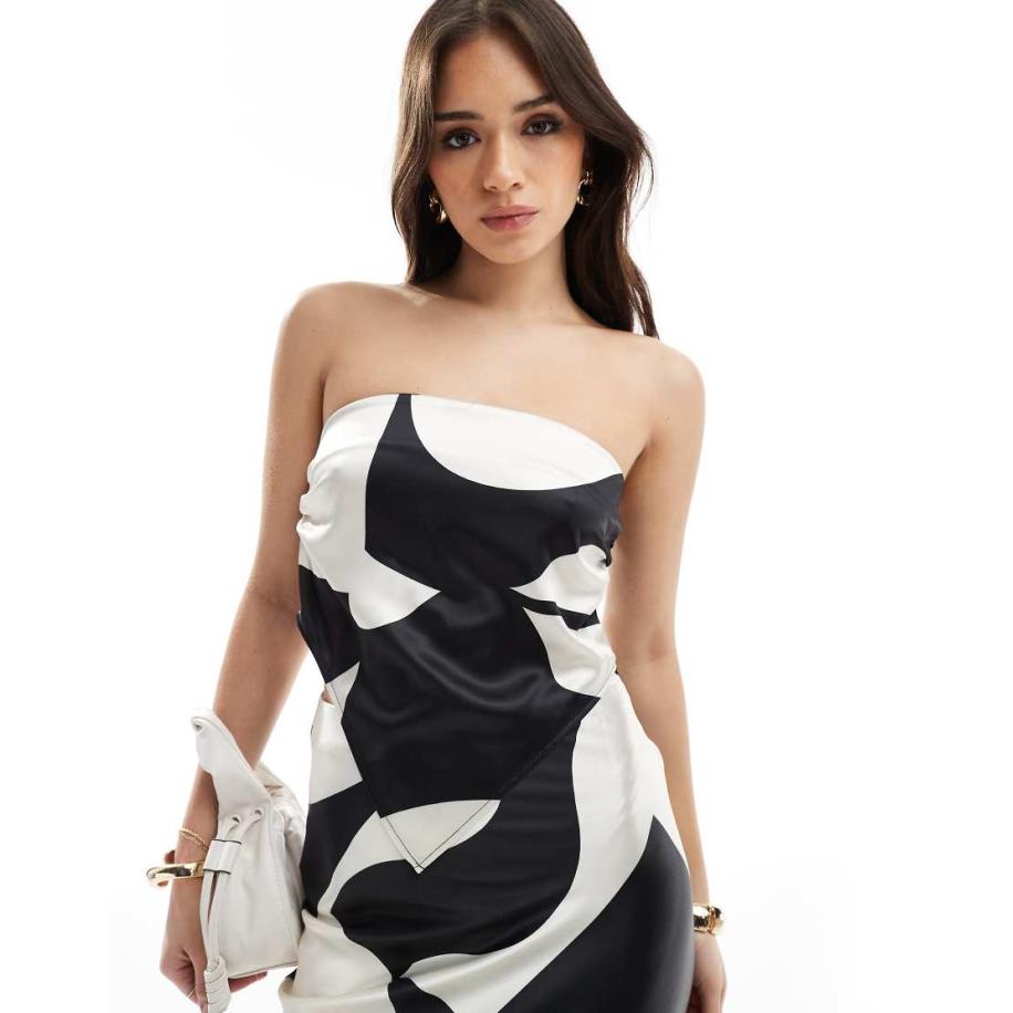 4th & Reckless Satijnen bandeau top met sjaal in zwart-witte print, deel van co-ord set-Veelkleurig Multicolor