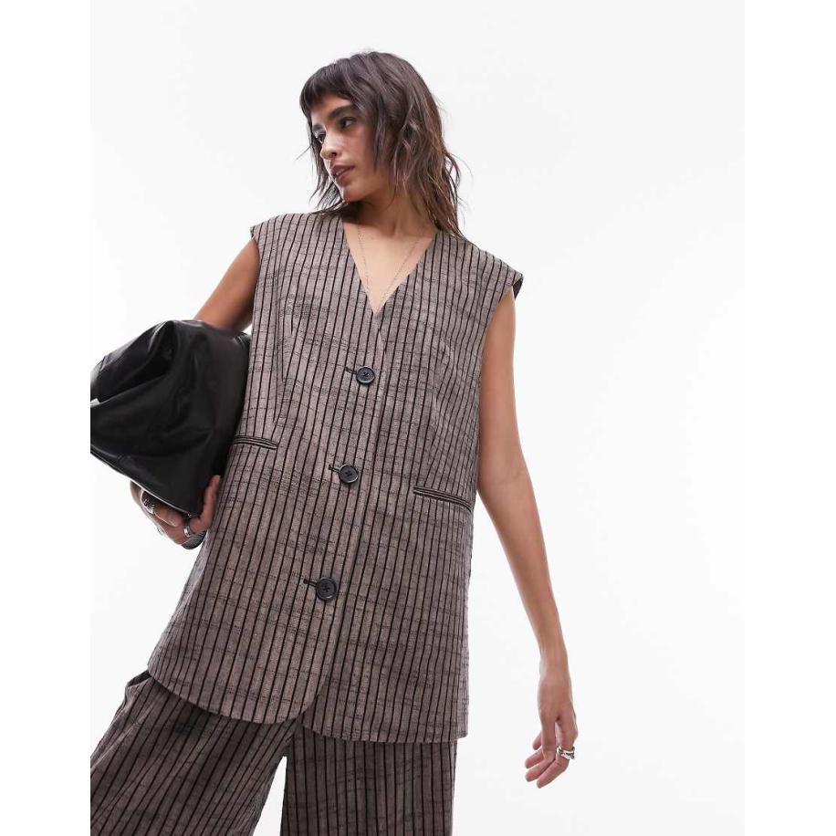 Topshop Oversized gilet van linnen met strepen in bruin Bruin