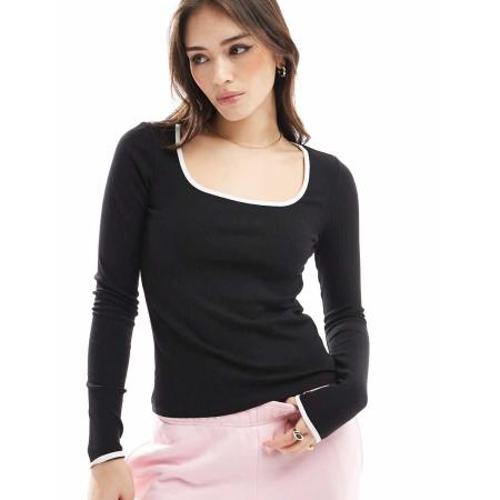 Pimkie Top met contrasterende rand en vierkante hals in zwart en wit