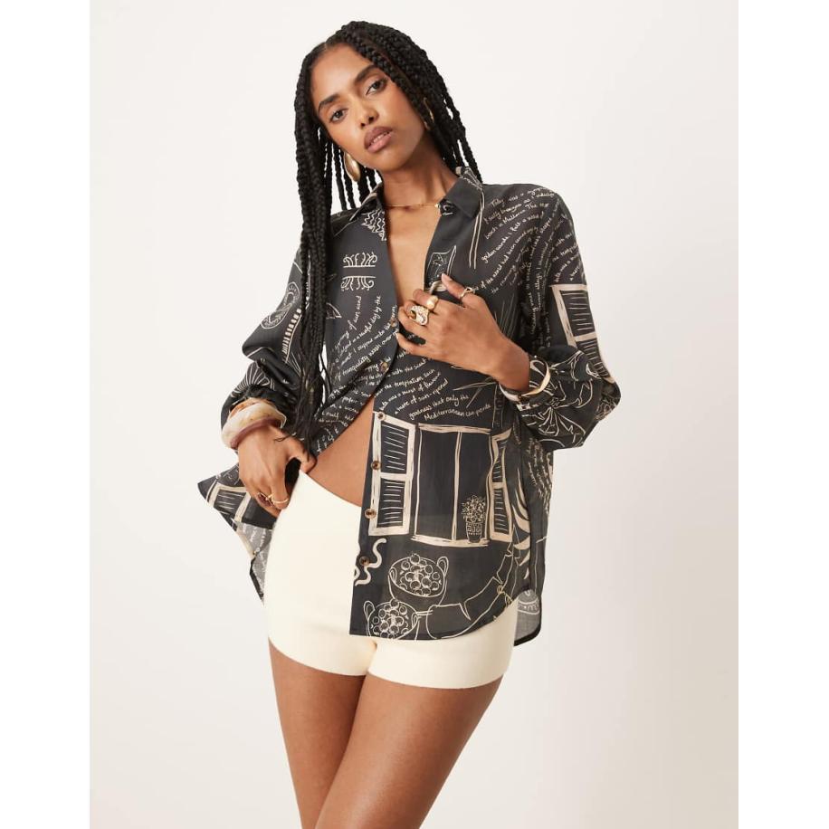 Never Fully Dressed Oversized overhemd met palmboomprint in zwart, deel van co-ord set Zwart