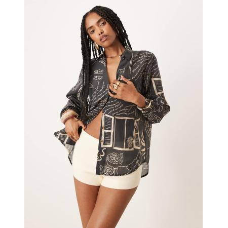 Never Fully Dressed Oversized overhemd met palmboomprint in zwart, deel van co-ord set