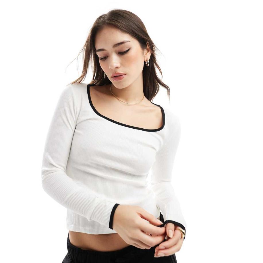 Pimkie Top met contrasterende rand en vierkante hals in wit en zwart Wit