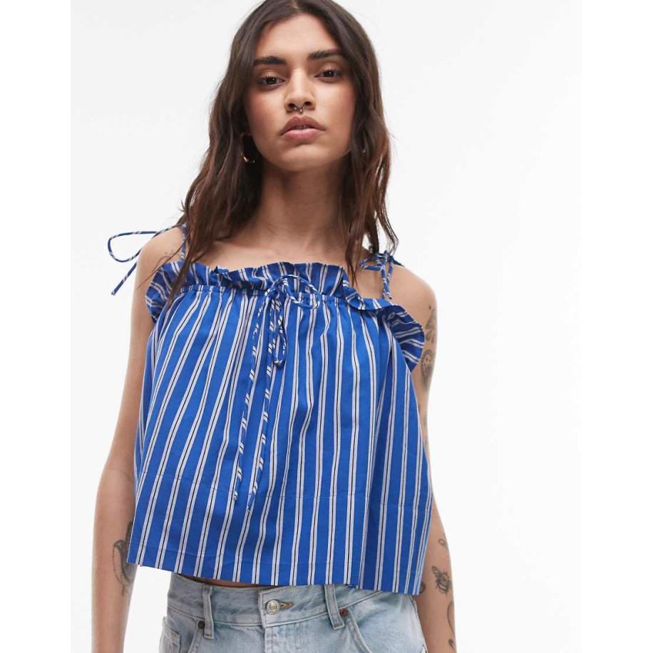 Topshop Gerimpelde cami top in blauw gestreept Blauw