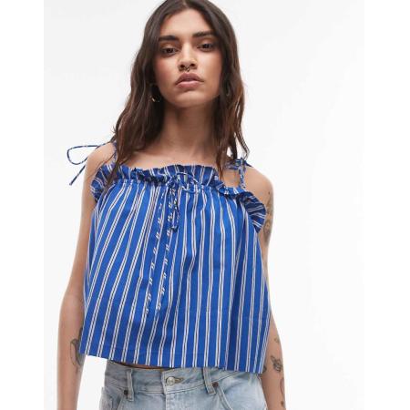 Topshop Gerimpelde cami top in blauw gestreept