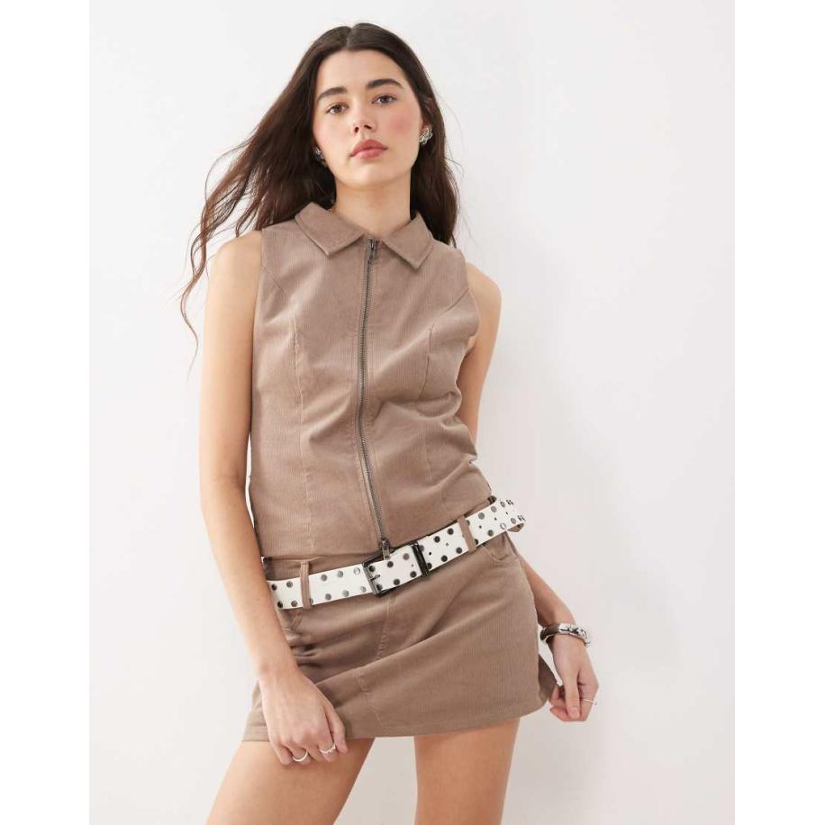 Motel Janae Gilet van corduroy met rits in taupe, deel van co-ord set-Bruin Bruin