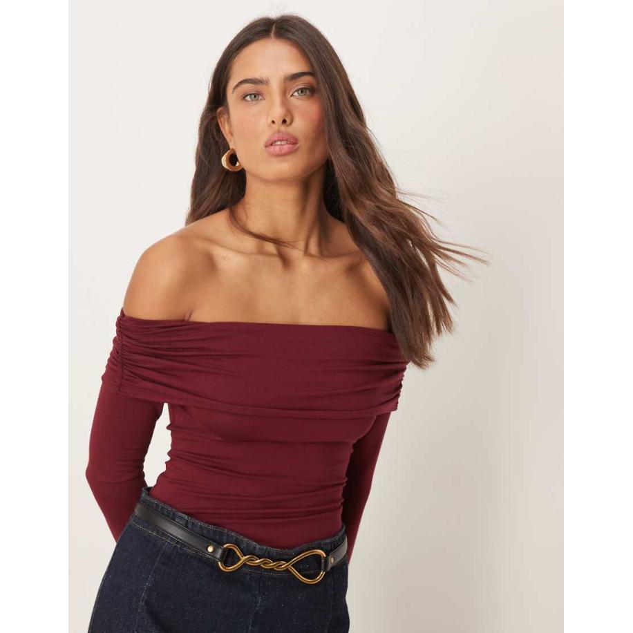 Miss Selfridge Bardot body met lange mouwen in bordeauxrood Rood
