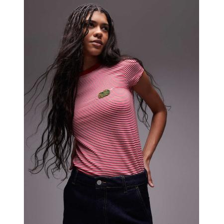 Topshop T-shirt met olijfkleurig borduursel in rode streep-Veelkleurig