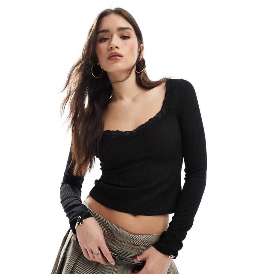 Miss Selfridge Geribbelde top met lange mouwen en kanten rand-Zwart Zwart