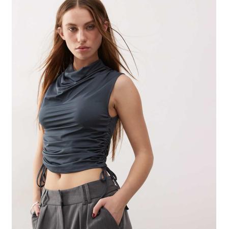 COLLUSION Tanktop van gladde stof met gedrapeerde halslijn en gerimpelde zijkanten in donkergrijs-Wit