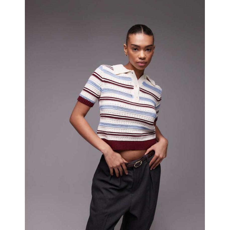Topshop Gebreide gehaakte polotop in bordeauxrood, blauw en ecru streep-Veelkleurig Multicolor