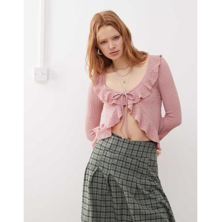 Reclaimed Vintage Top met lange mouwen, ruches en gestrikte voorkant in roze-Geen kleur