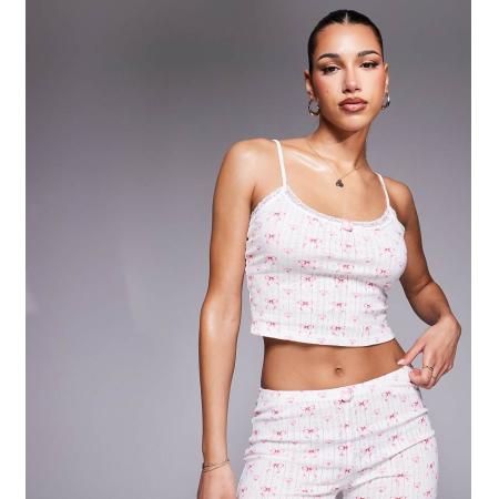 Kaiia Exclusive Ajourgebreid pyjamatopje met roosje in wit met strikjesprint, deel van co-ord set-Veelkleurig