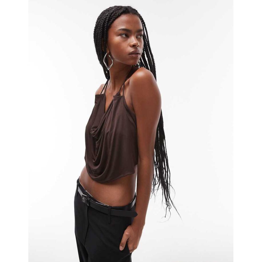 Mango Luchtige top met halternek in donkerbruin Bruin