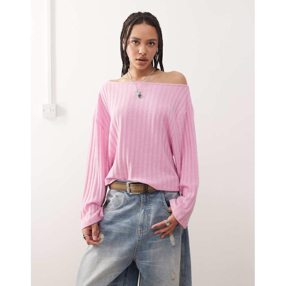 Reclaimed Vintage Ruimvallende trui met blote schouders in roze Roze