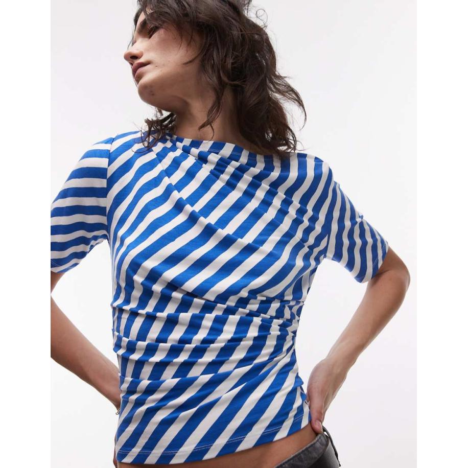 Topshop Gestreept top met rechte hals en korte mouwen in blauw Blauw