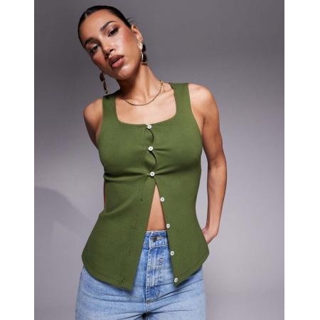 ASOS DESIGN Gilet van premium pontestof met lange pasvorm in olijfgroen