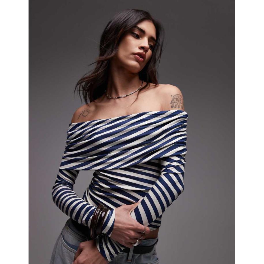 Topshop Gestreepte bardottop met blote schouders in blauw Blauw