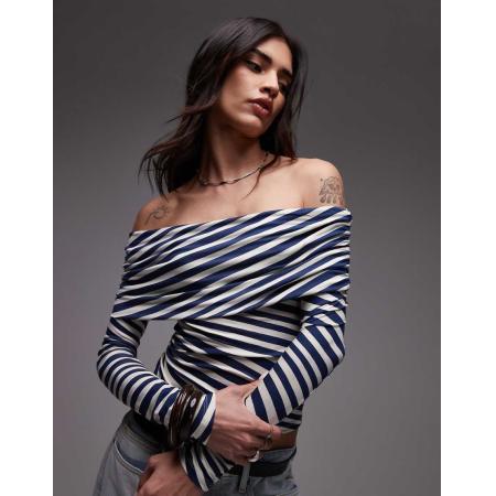 Topshop Gestreepte bardottop met blote schouders in blauw