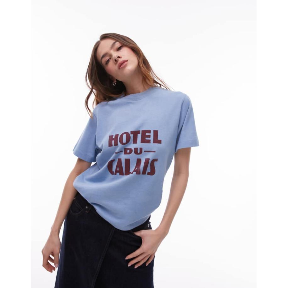 Topshop T-shirt met Hotel du Calais-print in blauw Blauw