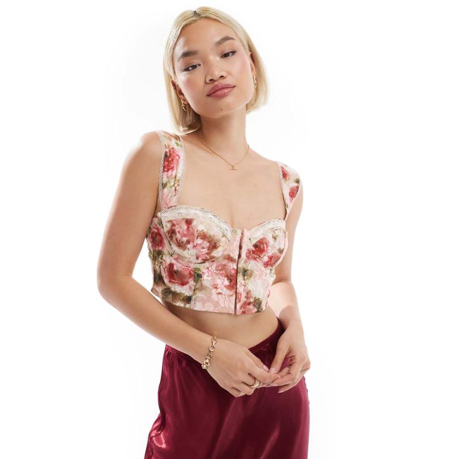 Love Triangle Kanten korset met lintafwerking in roze bloemenprint-Veelkleurig Multicolor