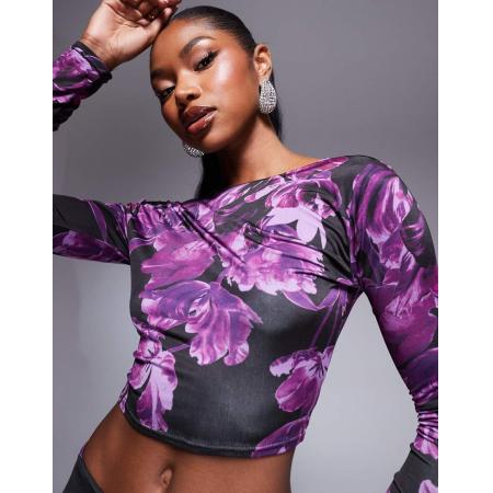 Kaiia Exclusives Top met lage rug en lange mouwen van gladde stof in paarse print, deel van co-ord set-Veelkleurig