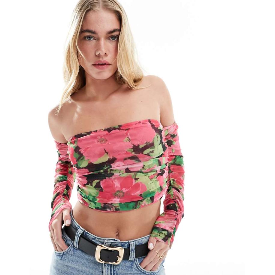 Only Cropped bardottop van mesh met gerimpeld detail en bloemenprint in multi-Zwart Zwart