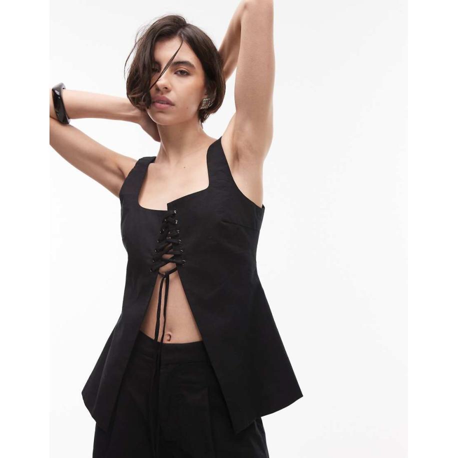 SNDYS Top van linnenmix met vierkante hals, veters en split aan de voorkant in zwart, deel van co-ord set Zwart