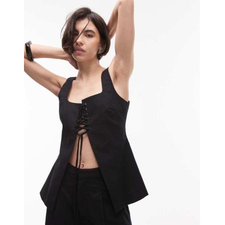 SNDYS Top van linnenmix met vierkante hals, veters en split aan de voorkant in zwart, deel van co-ord set